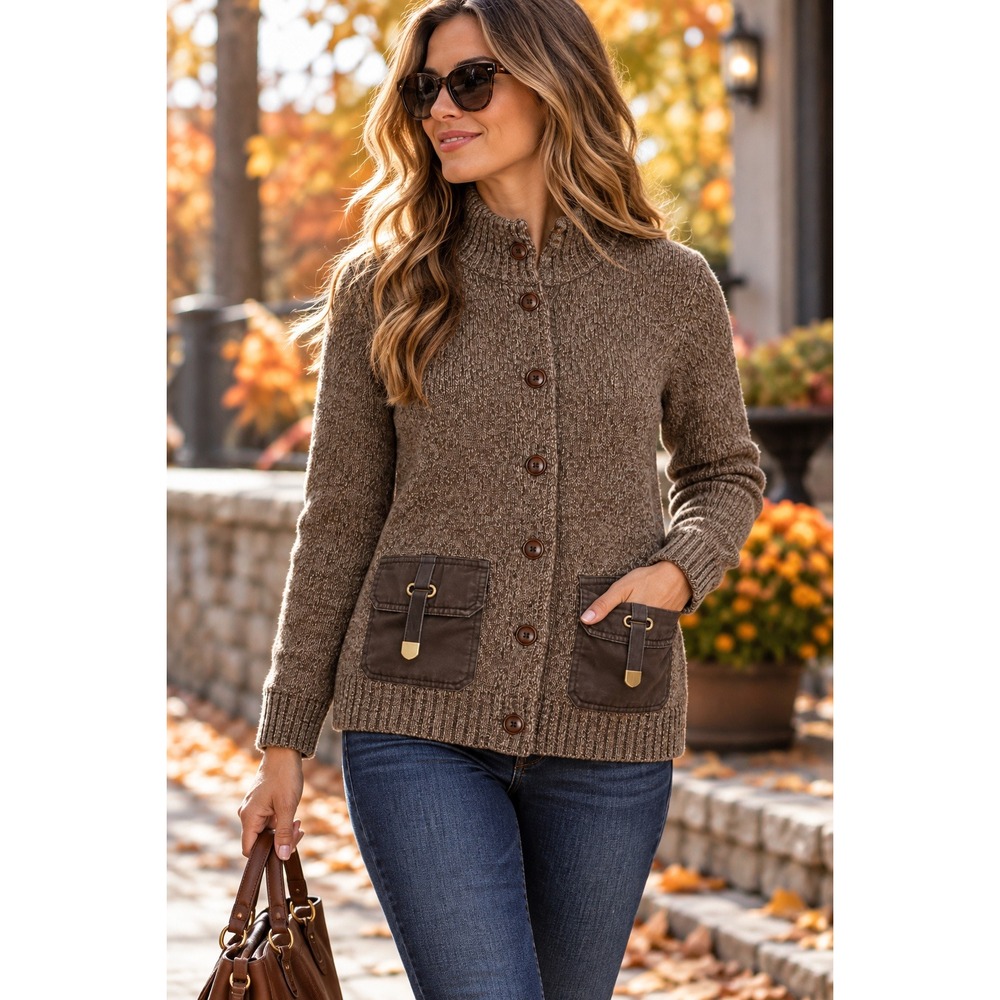 Lauren Ralph Lauren Brown Marled Knit Cardigan Elbow Patches Mock Neck Med Y2K